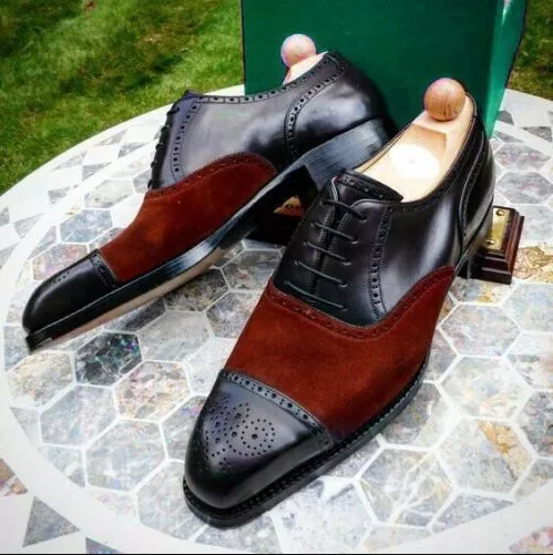 Handmade Goodyear Welted Black Leather and Burgundy Suede Oxford Lace up Toe cap Brogue Dress/Formal shoes