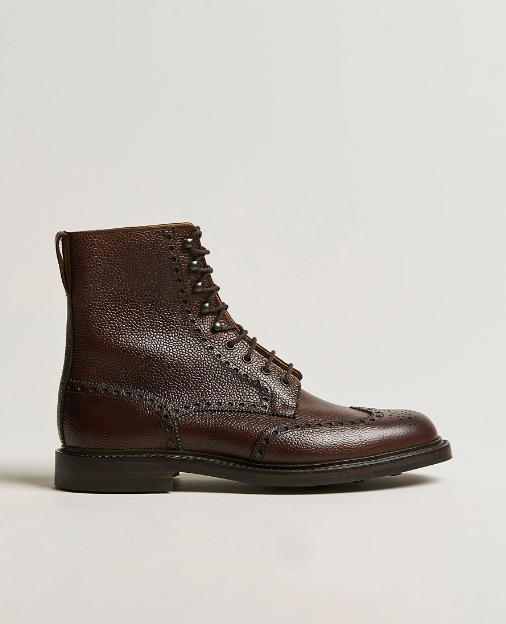 Handmade Men's Dark Brown Grained Calf Leather Brogue Boots - Classic Lace-Up Ankle Boots