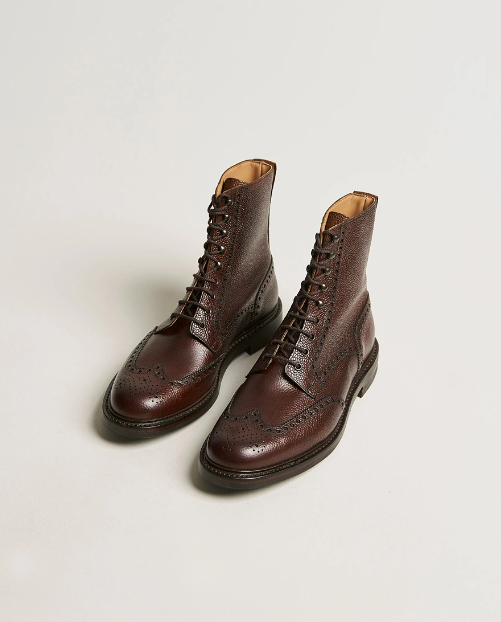 Handmade Men's Dark Brown Grained Calf Leather Brogue Boots - Classic Lace-Up Ankle Boots