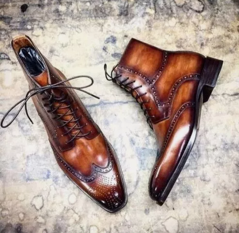 Handmade Men's Brown Leather Derby Wingtip Brogue Lace Up Dress Formal Boots Men