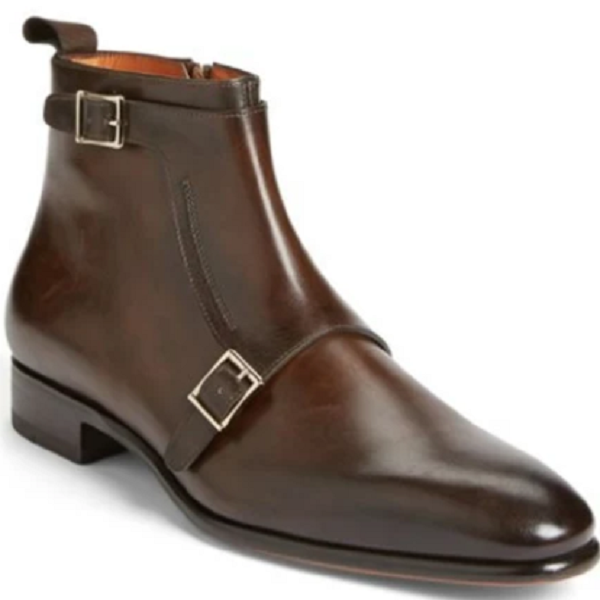 Handmade Men Brown Boots, Double Monk Strap Boot, Side Zipper Boots