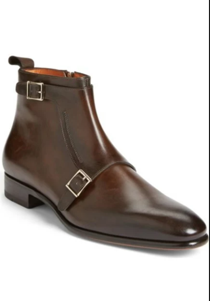 Handmade Men Brown Boots, Double Monk Strap Boot, Side Zipper Boots