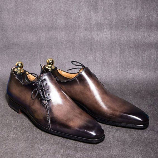 Handmade Goodyear Welted Gray Patina Art and Black Shaded Leather Oxford Side Lace up Dress shoes